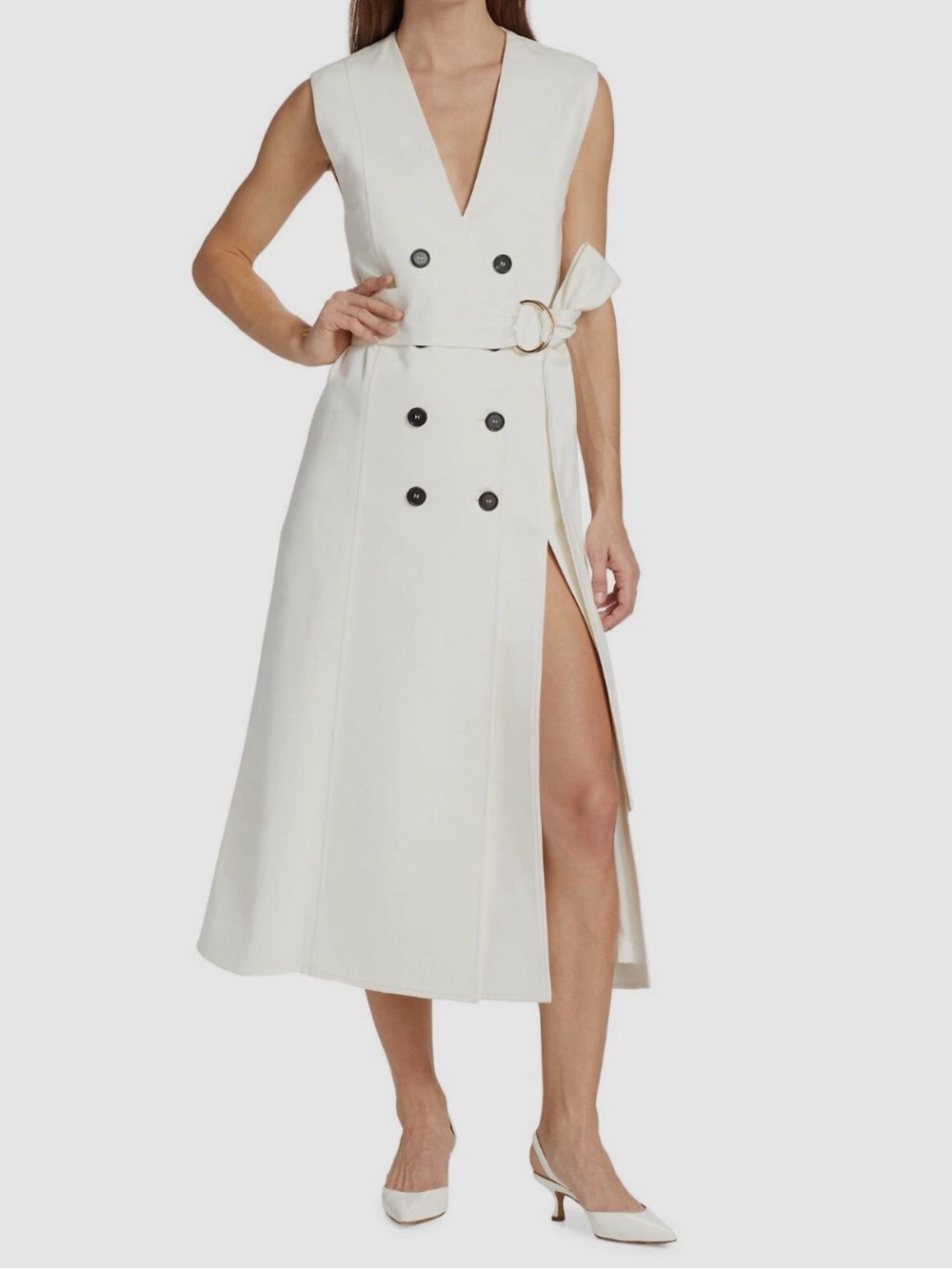 Carolina Herrera Sleeveless Double-Breasted White Trench Midi Dress with Belt